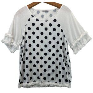 Cellabie Women Top Sz M White/Navy Polka Dot Fringe Modern Cottage Casual Resort
